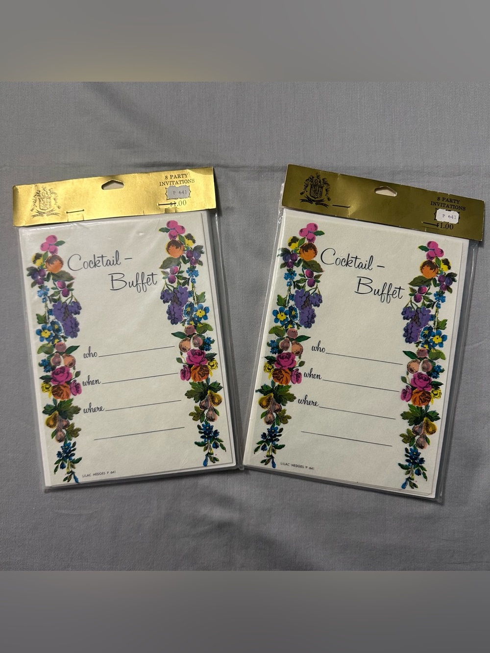 Vintage Lilac Hedges Cocktail Buffet Party Invitations Floral Fruit Set of 2 NOS